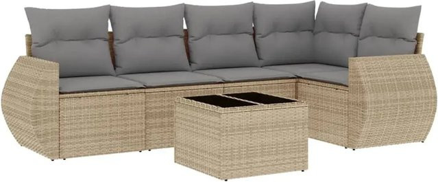 vidaXL 6-teilige Garten-Sofagarnitur in L-Form aus beige farbenem Poly-Rattan mit wetterfesten Kissen und pulverbeschichtetem Stahlgestell - Bild 1