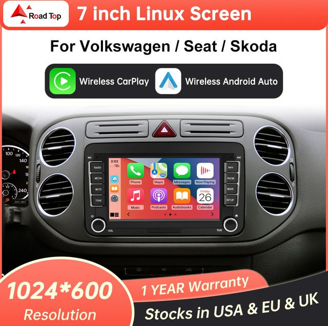 Road Top 7 Zoll Linux Auto-Multimedia-Display mit kabellosem CarPlay und Android Auto für Volkswagen, Seat und Skoda in Schwarz - Bild 1
