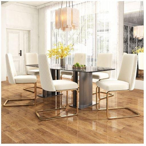 MUVOE Esszimmerstühle 6er-Set aus Samt in Beige mit rautenförmiger Rückenlehne und goldfarbenen Metallfüßen - Bild 1
