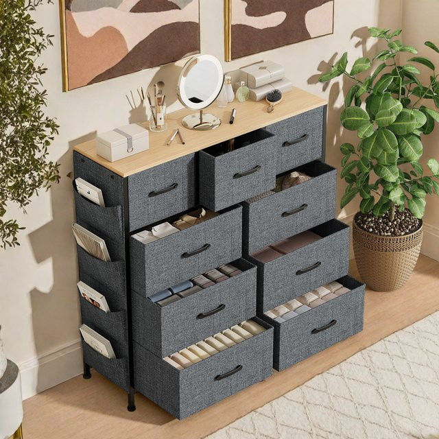FEEOHOME Kommode mit 9 Schubladen in Grau für Wohnzimmer, Schlafzimmer und Flur, B/T/H: 99 x 30 x 100 cm - Bild 1