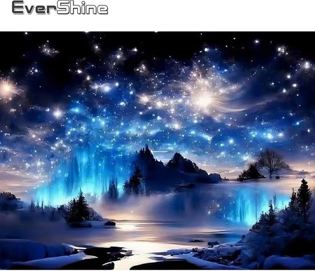 Momoart 5D DIY Diamantmosaik Set Berglandschaft mit Sternenhimmel in Blau für moderne Wanddekoration - Bild 1