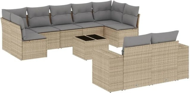 vidaXL 10-tlg. Garten-Sofagarnitur in L-Form aus Poly-Rattan mit Kissen in Beige und Hellgrau - Bild 1