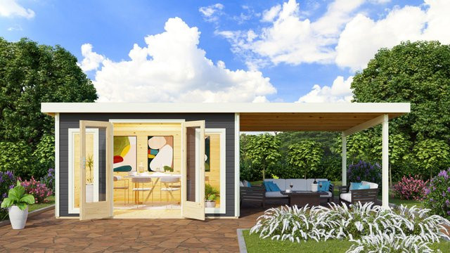 Gartenhaus Karibu RADEBURG 3 aus Massivholz in Nordischer Fichte, Farbe Terragrau, inkl. Anbaudach, B/T: 369 x 369 cm - Bild 1