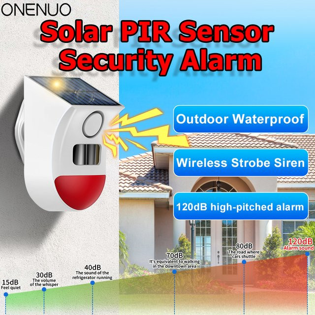 ONENUO Solarbetriebene Infrarot-Alarmsirene mit Stroboskop und Fernbedienung, wasserdichte kabellose Einbruchsicherheits-Sirene in Weiß - Bild 1