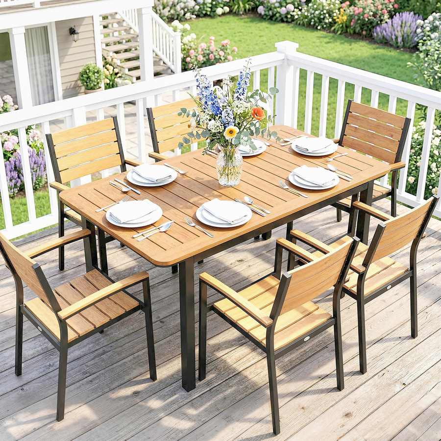 Outsunny Gartentisch für 6 Personen in Braun mit Lattenplatte aus Holz-Kunststoff und Metallgestell, B/T: 127 x 70 cm - Bild 2