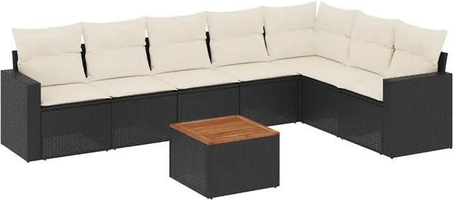 vidaXL 8-teilige Garten-Sofagarnitur in L-Form aus Poly-Rattan und Akazienholz mit Kissen in Schwarz-Creme - Bild 1