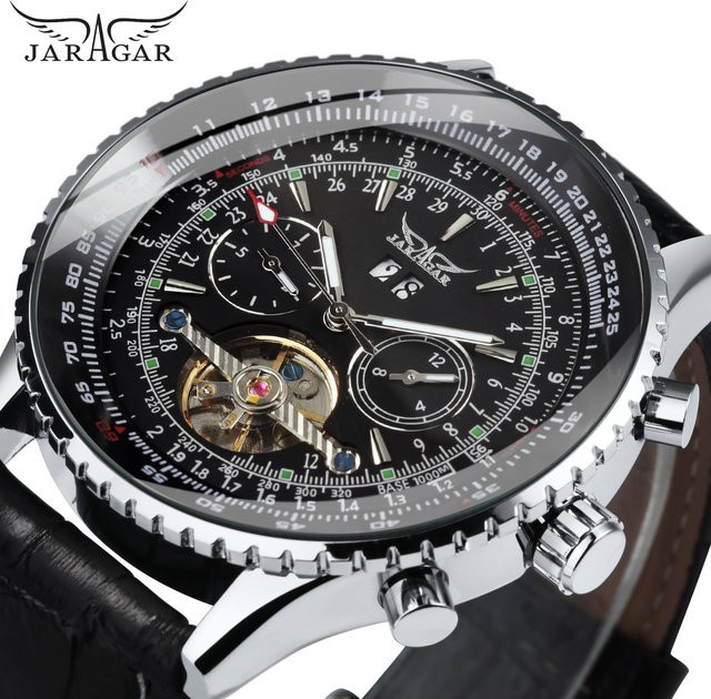 JARAGAR Automatik-Armbanduhr, Edelstahl, Leder, Schwarz, Herren - Bild 1