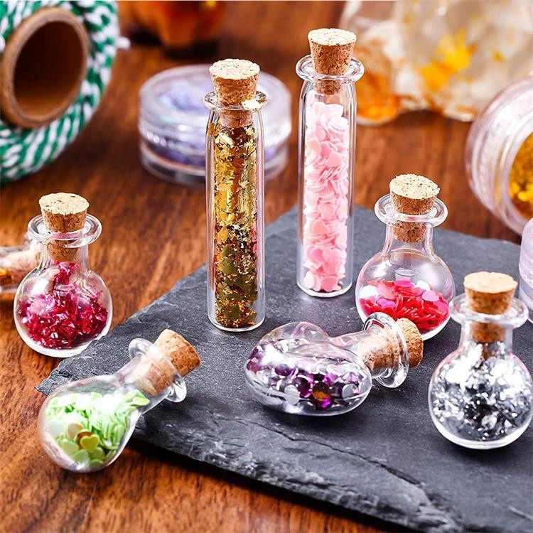 10 Stück Mini-Glasflaschen aus Borosilikatglas mit Korkstopfen in transparent, verschiedene Formen wie Herz, Stern und Kugel für deine Dekoration und Wunschgeschenke - Bild 2