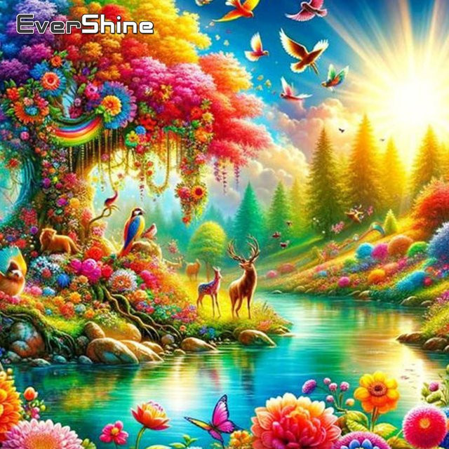 Evershine Diamant-Stickerei Landschaft mit Baum und Fluss als Mosaik-Wandkunst in Multicolor mit vollen Quadraten und Strasssteinen - Bild 1
