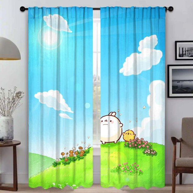2er-Set Molang Küchenvorhänge aus Tüll in Blau, halbtransparent für Wohnzimmer und Schlafzimmer, B: 50 cm, H: 70 cm - Bild 1