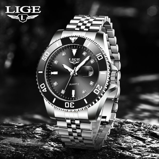 LIGE Armbanduhr Quarz, Edelstahl, Schwarz, Silber, Herren - Bild 1