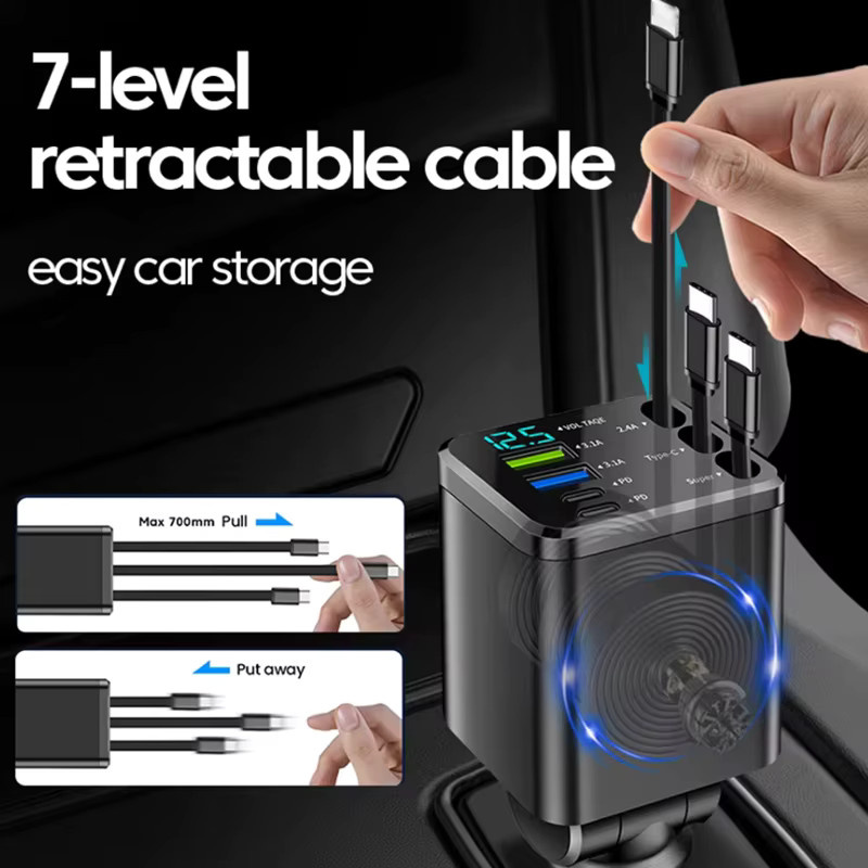 Kebidumei 7-in-1 Autoladegerät mit Dach-Sternenlampe, 148 W Schnellladegerät mit 4 USB-Ports und PD, Digitales Voltmeter, Schwarz - Bild 3
