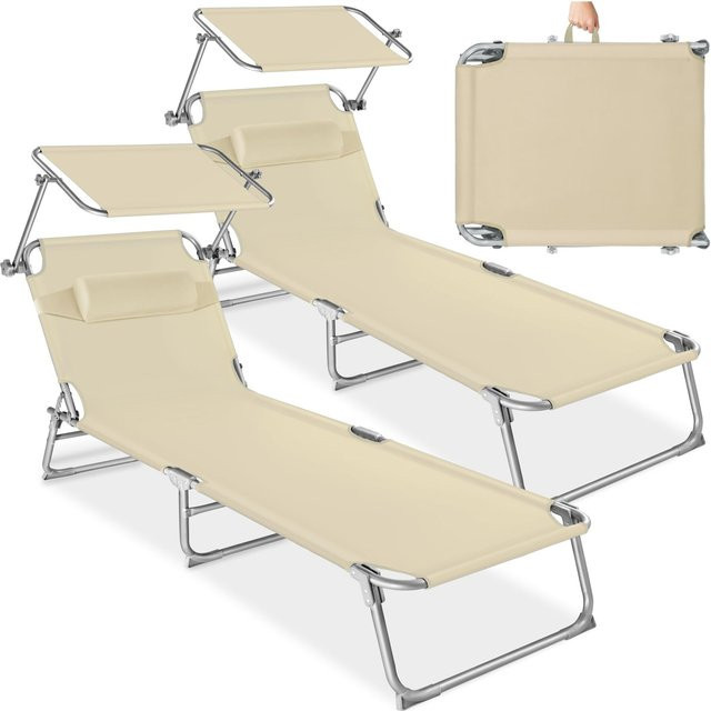 tectake 2er Set Sonnenliege Chloé Beige, klappbar mit Sonnendach und verstellbarem Kopfpolster, B/T/H: 190 x 68 x 111 cm - Bild 1