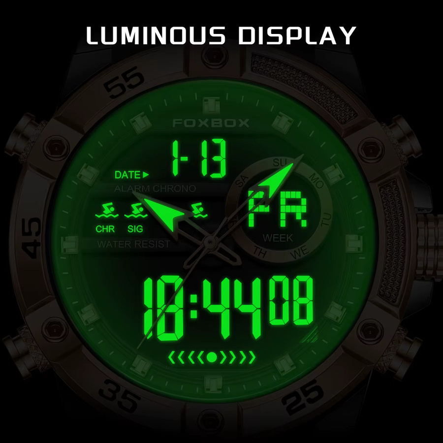 FOXOBOX Armbanduhr, Analog-Digital, Quarz, Chronograph, Edelstahl, Kautschuk, Herren, Schwarz - Bild 2