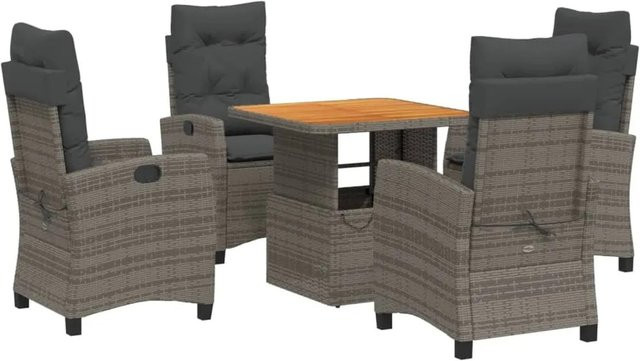 vidaXL 5-teilige Garten-Essgruppe aus Poly-Rattan und massivem Akazienholz in Grau mit Kissen - Bild 1