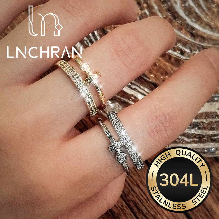 LNCHRAN Doppelband-Ring, vergoldet, Edelstahl, Zirkonia, Damen - Bild 3