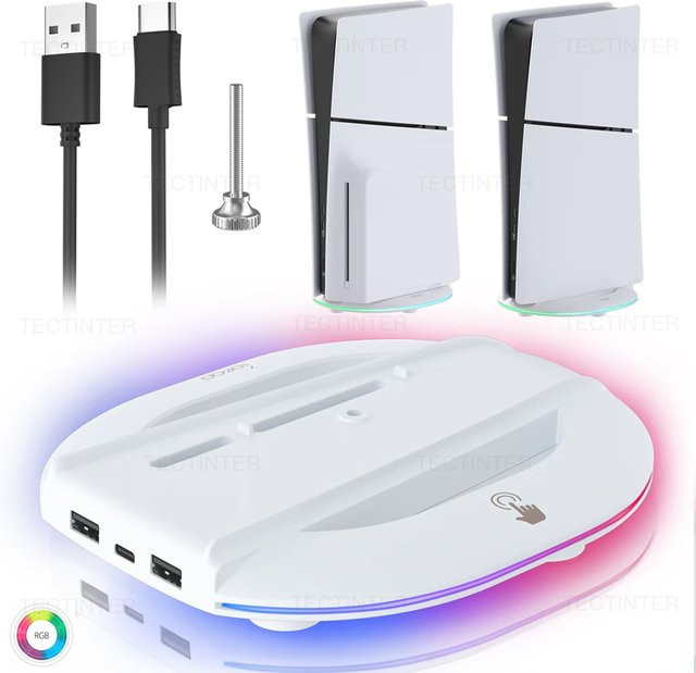 TECTINTER Vertikaler Kühlständer mit RGB-Licht für PS5 Slim Disc und Digital Edition, rutschfeste Basishalterung für PS5-Zubehör in Schwarz oder Weiß - Bild 1