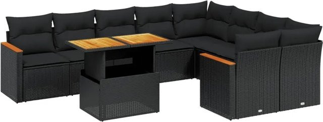vidaXL 10-tlg. Garten-Sofagarnitur in L-Form aus Polyrattan und Akazienholz mit Kissen, Schwarz - Bild 1