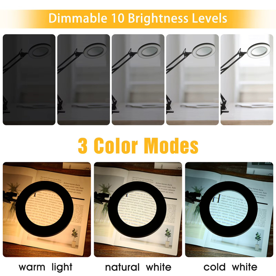 Tomshine Flexible Klemm-Tischlampe mit 8-facher Lupe, Dimmbare LED Schreibtischleuchte in Schwarz - Bild 5