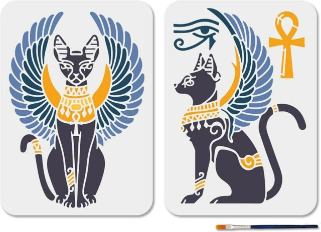 2 Stück ägyptische Katzenschablonen Set mit geflügelter Katze, Auge des Horus und Schlüssel zum Leben, Maße: Breite: 29,7 cm, Höhe: 21,1 cm, inklusive Pinsel - Bild 1