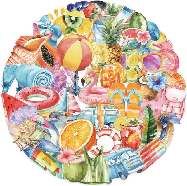 50 Stück transparente Cartoon-Aquarell-Sommer-Aufkleber aus PET von LanLanStickersWorld, wasserfest und bunt - Bild 1