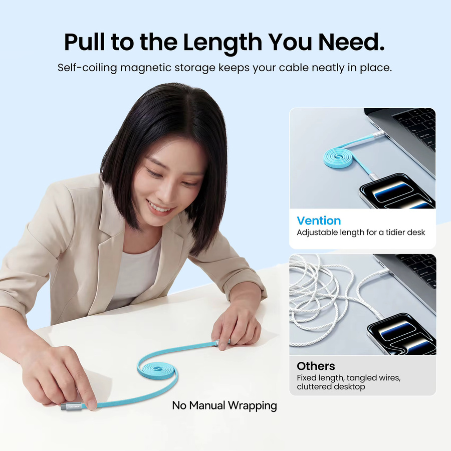 Vention Magnetisches USB-C auf USB-C Kabel 240W PD3.2 Ultraflach in Blau - Bild 2