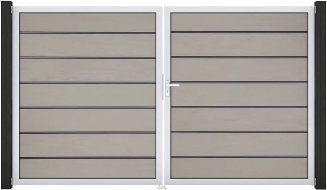 GroJa Grande Steckzaun Tor Premium DIN Rechts EV1 Bi-Color Sand 2-flügelig aus Aluminium und BPC - Bild 1