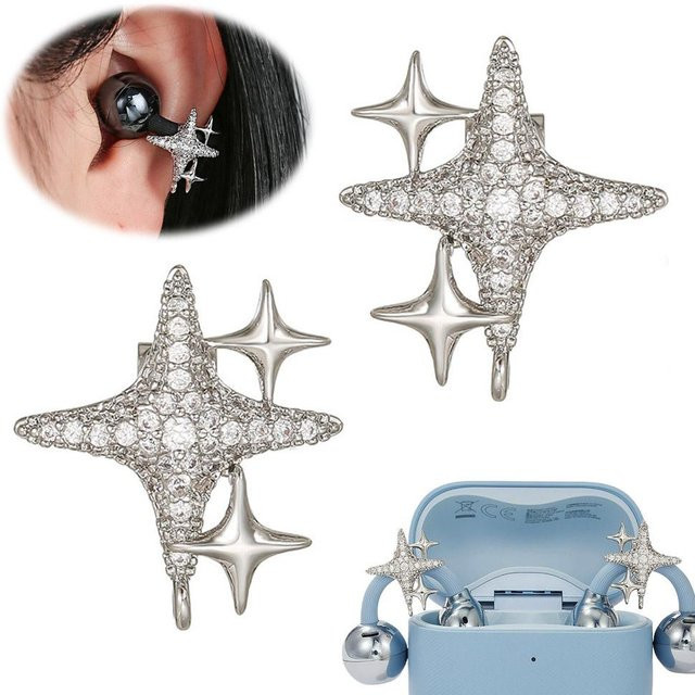 STERN Ohrclip-Dekoration mit Diamant-Schnalle und Zirkon für Bluetooth-Kopfhörer, Silber, Unisex - Bild 1