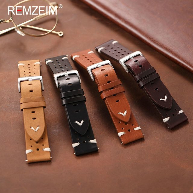REMZEIM Uhrenarmband Leder, Ölwachs-Leder, Schwarz, Herren, 20mm 22mm - Bild 1