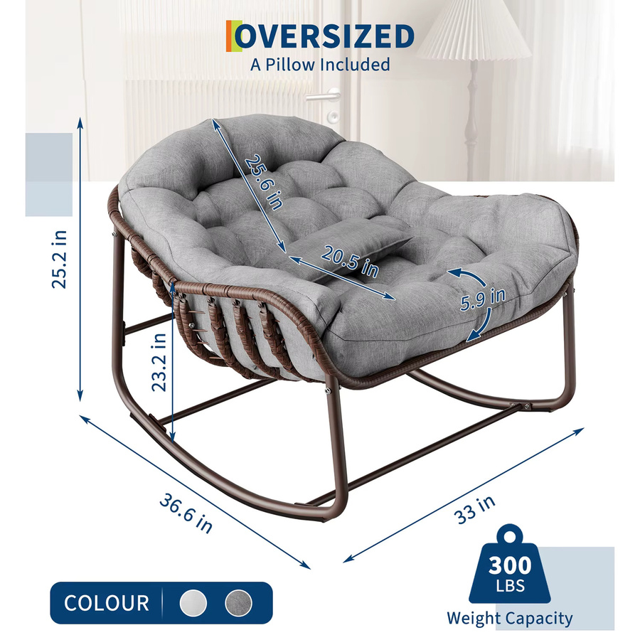 HiMISS Übergroßer Papasan-Schaukelstuhl für die Terrasse mit Rattan-Geflecht und grauem Kissen, Outdoor-Lounge-Schaukelstuhl im Boho-Stil - Bild 3