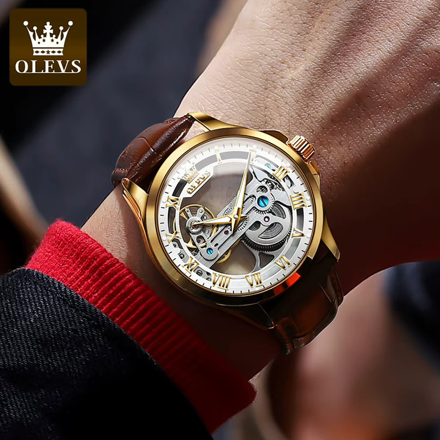 OLEVS Armbanduhr, Automatik, Skeleton Hollow, Leder, Herren - Bild 4