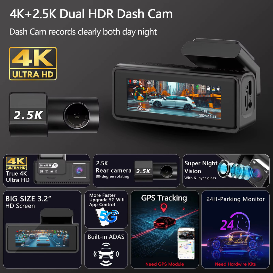 USEEBEE Dashcam mit Doppellinse: 4K UHD Auto-DVR mit 2.5K Rückkamera, ADAS, WLAN und GPS in Schwarz - Bild 2
