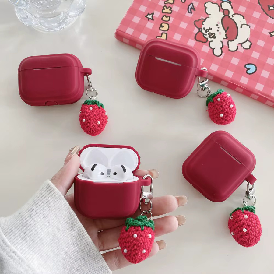 Silikon Kopfhörer Schutzhülle Plüsch Perle Erdbeere für Apple AirPods Pro 2, 1, 2, 3 und 4 in Rot - Bild 4