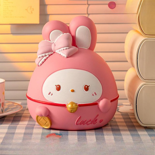 Yiran Furniture Kaninchen Spardose mit Schleife in Pink als kreatives Deko-Ornament für Kinder - Bild 1