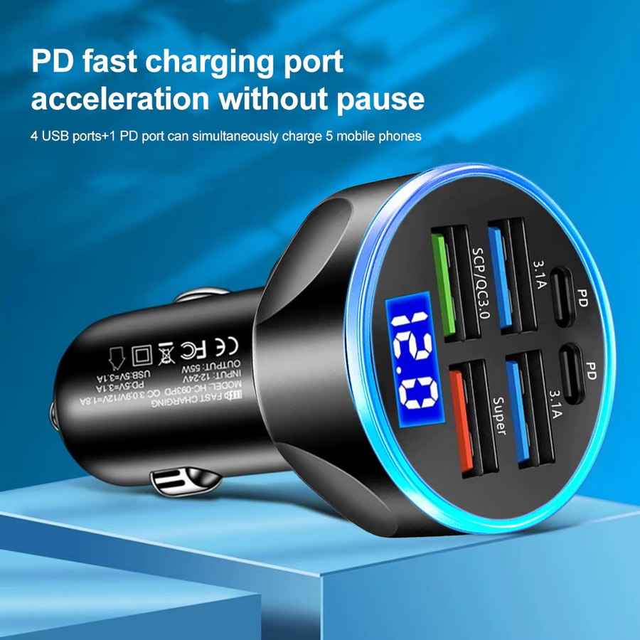 Kebidumei Autoladegerät mit 6 Ports und 66W Schnellladung, Dual PD und USB QC3.0, Zigarettenanzünder-Adapter mit Voltmeter-Anzeige, Schwarz - Bild 3