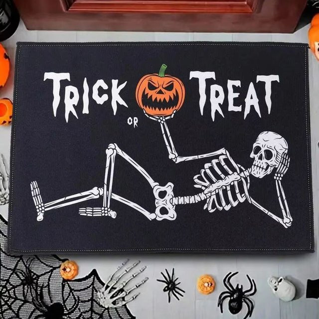 VIKAMA Halloween Skelett Fußmatte Süßes oder Saures Willkommensmatte für Innen und Außen in Schwarz - Bild 1