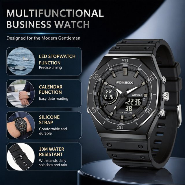 FOXBOX Chronograph, Armbanduhr, Quarz, Silikon, Schwarz, Herren - Bild 1