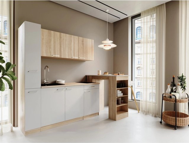 Respekta Ingrid Singleküche Weiß mit Bartisch und Apothekenschrank, Breite: 180 cm, Höhe: 200 cm, Tiefe: 60 cm - Bild 1