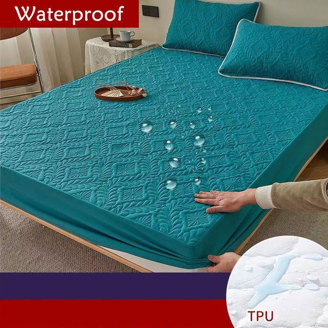 Wasserdichter Matratzenschoner Bezug in Türkis, elastisches Spannbettlaken aus Baumwolle und Polyester, B/T/H: 90 x 200 x 30 cm - Bild 1