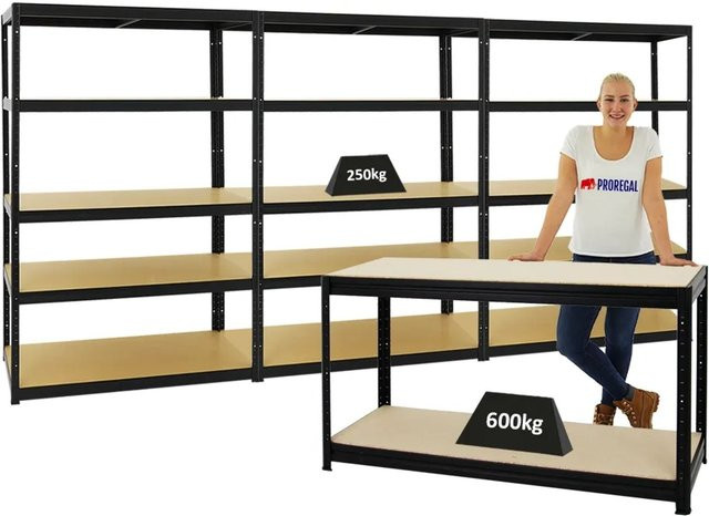 PROREGAL Set aus 3x Schwerlastregal Big Elephant M und 1x höhenverstellbarer Werkbank Big Dino in Schwarz, H 180 x B 120 x T 60 cm und H 90 x B 160 x T 60 cm - Bild 1