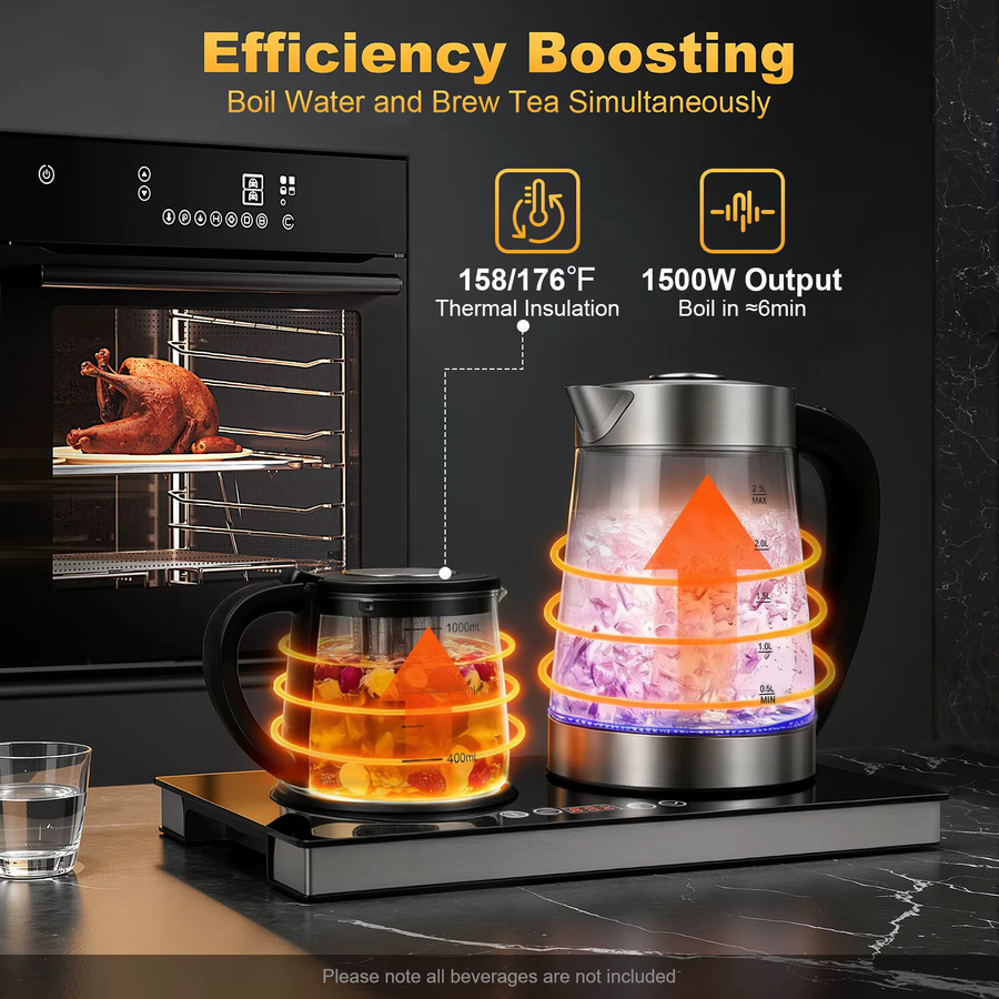Bymaocar Glas-Teebereiter und Wasserkocher mit LCD-Display und Sensor-Touch-Bedienfeld, 1,8 kW, transparent/schwarz, 2,5 l + 1 l - Bild 3