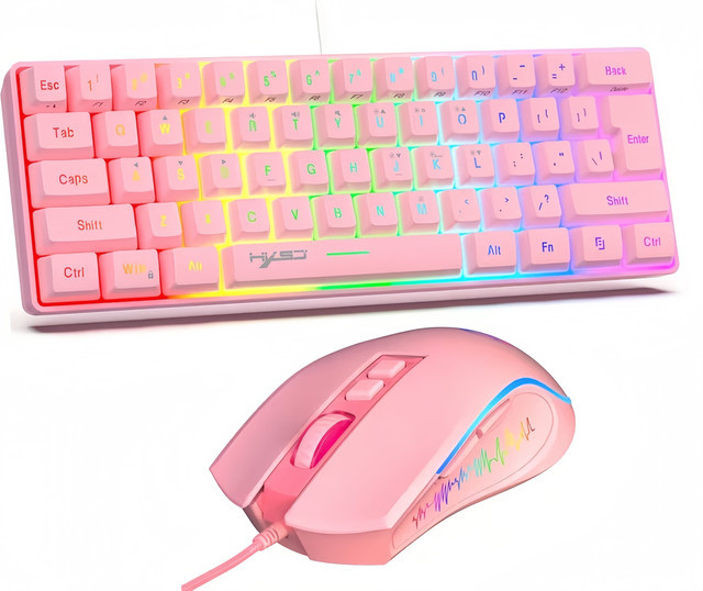 HXSJ Tastatur-Maus-Set in Pink mit RGB-Beleuchtung, 60 % ultrakompakte kabelgebundene Membran-Tastatur mit 61 Tasten und ergonomische 7-Tasten-Maus, USB-Plug-and-Play für PC - Bild 1