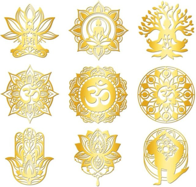 9 Stück Lotus selbstklebende Metall Aufkleber in Gold mit Om und Heiliger Geometrie, wasserdichte Mandala Aufkleber für Sammelalben, Durchmesser: 4 cm - Bild 1