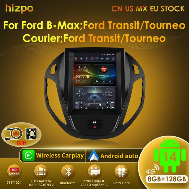 Hizpo Android Multimedia Radio für Ford Transit Tourneo Courier B-Max 2012-2021 mit 9,7 Zoll Display, GPS, Android Auto und CarPlay in Schwarz - Bild 1