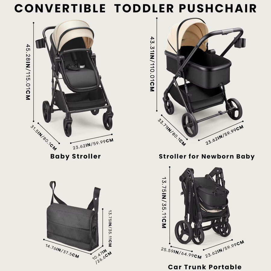 2-in-1 Baby-Kinderwagen in Beige als faltbares Reisesystem mit umkehrbarem Sitz und verstellbarem Sonnendach für Neugeborene und Kleinkinder von 0-36 Monaten - Bild 2