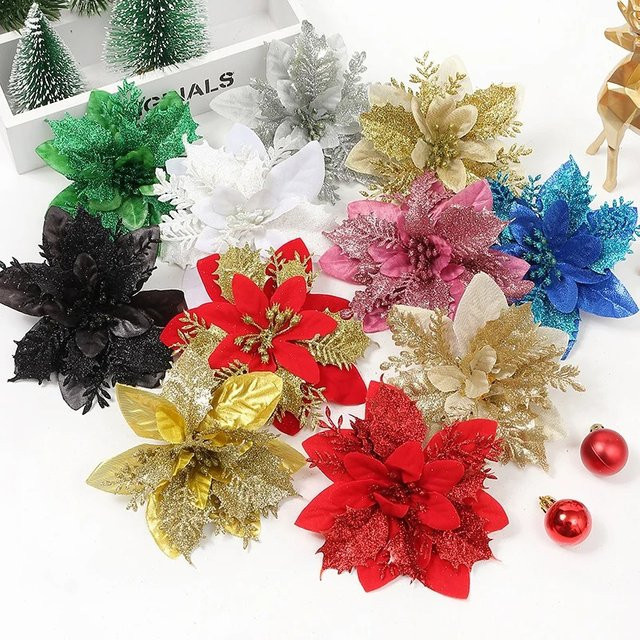 HUAYUXIANG Glitter Weihnachts Blumen Anhänger als künstliche Weihnachtsbaum Ornamente in Multicolour und Schwarz - Bild 1