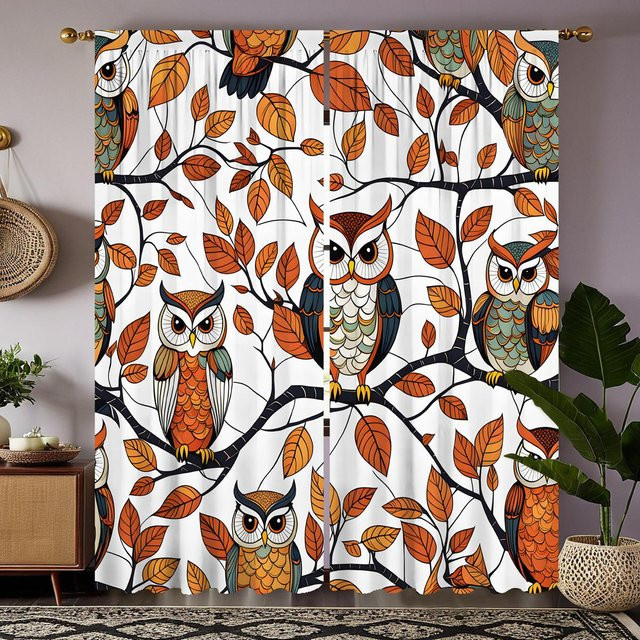 2er-Set dekorative Vorhänge mit Herbstbaum und Adler-Motiv in Gelb und Schwarz, B: 132 cm, H: 160 cm - Bild 1