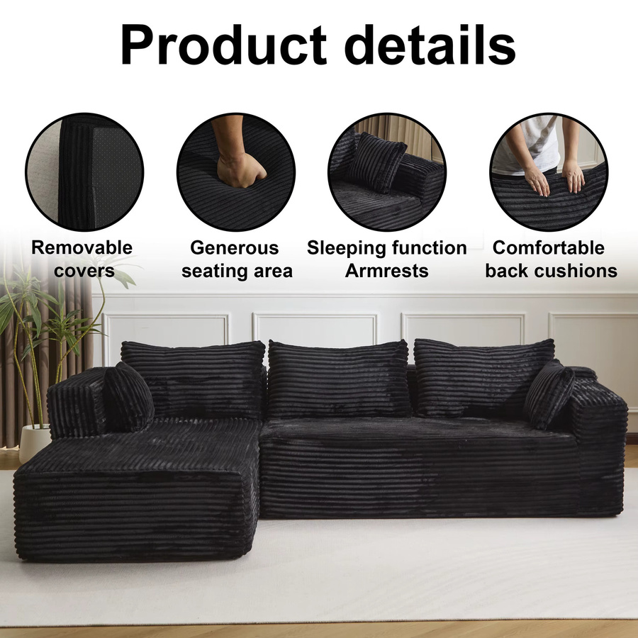 Modernes L-förmiges 3-Sitzer Cord-Sofa von Vankel in Schwarz mit Kissen - Bild 3