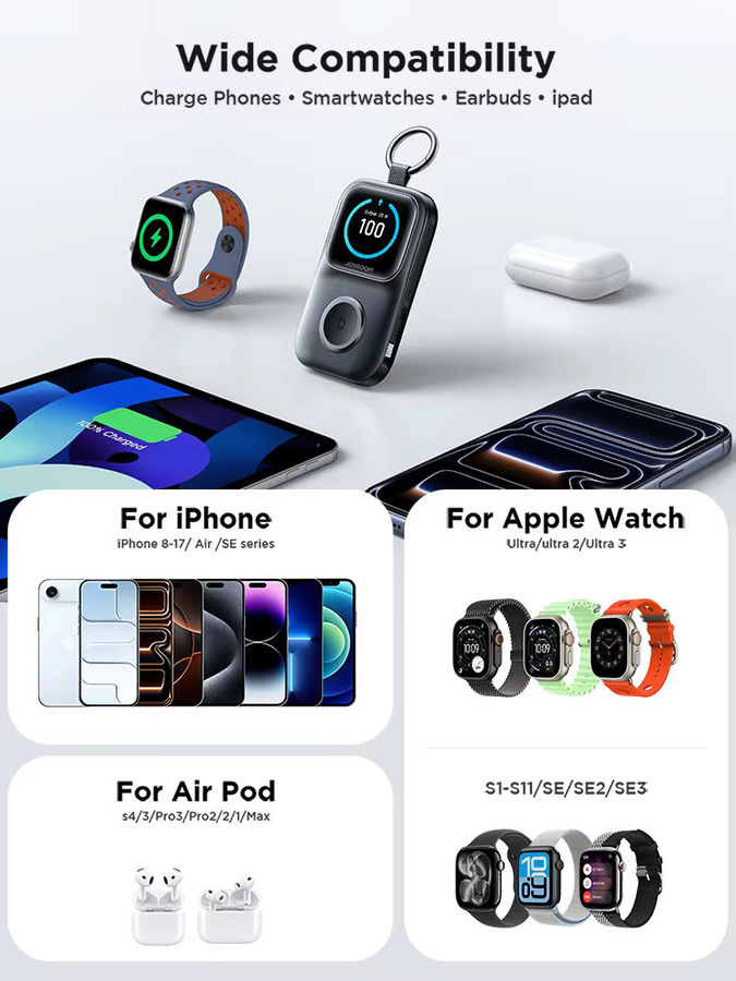 Joyroom Powerbank JR-W19 in Schwarz mit 5000mAh Kapazität, integriertem USB-C-Kabel, 20W PD Schnellladung und kabellosem Ladegerät für Apple Watch - Bild 6