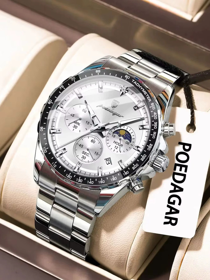 POEDAGAR Armbanduhr Chronograph, Quarz, Edelstahl, Silber, Herren - Bild 7